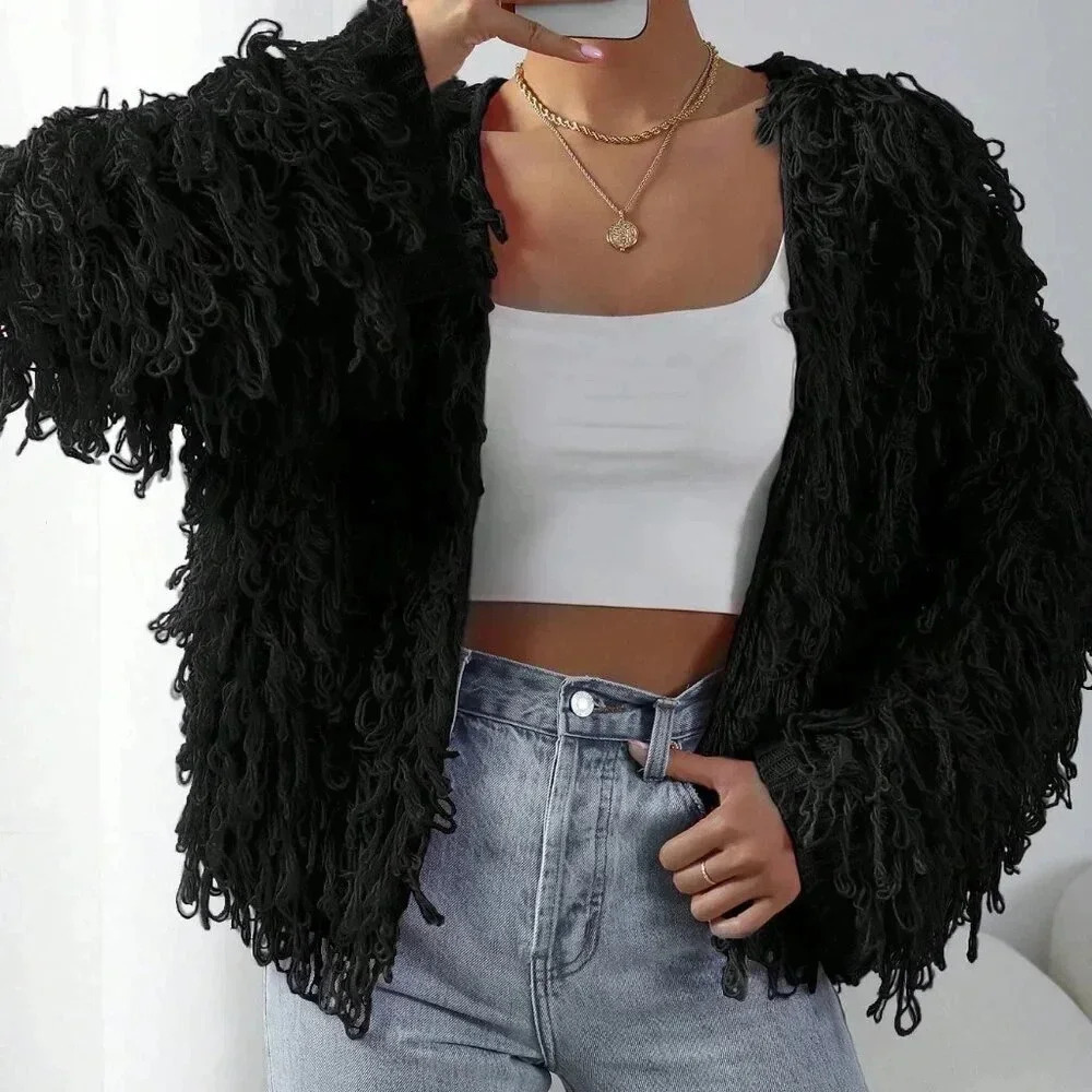 Black Casual Women's Solid Color Coil Knitted Cardigan - Picture 6 of 7
